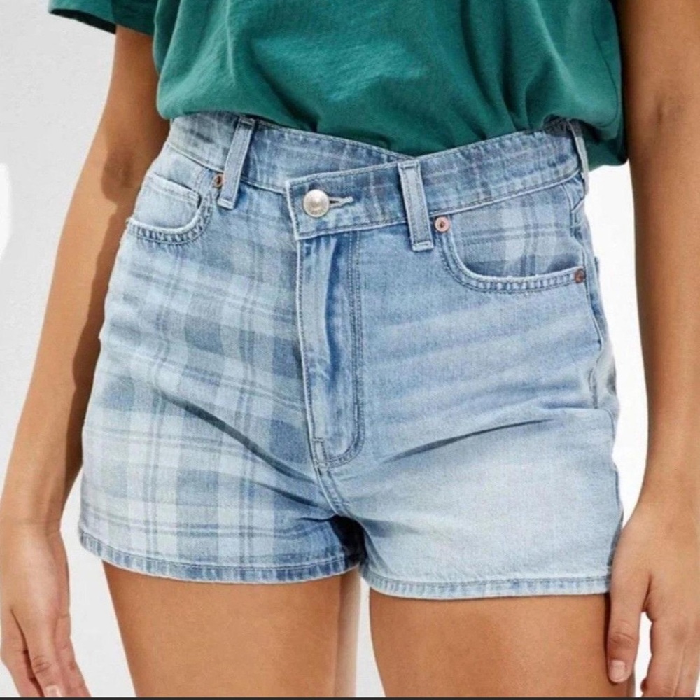 American Eagle Vegas Plaid Denim High Rise Shorts Size 12